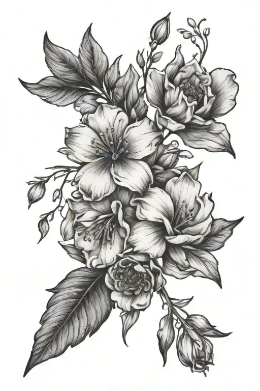 A tattoo design combining elements of January, April, May, and September birth flowers in a black-grey style for a subtle and elegant look tattoo design idea