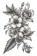 A tattoo design combining elements of January, April, May, and September birth flowers in a black-grey style for a subtle and elegant look tattoo design idea
