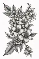 A tattoo design combining elements of January, April, May, and September birth flowers in a black-grey style for a subtle and elegant look tattoo design idea