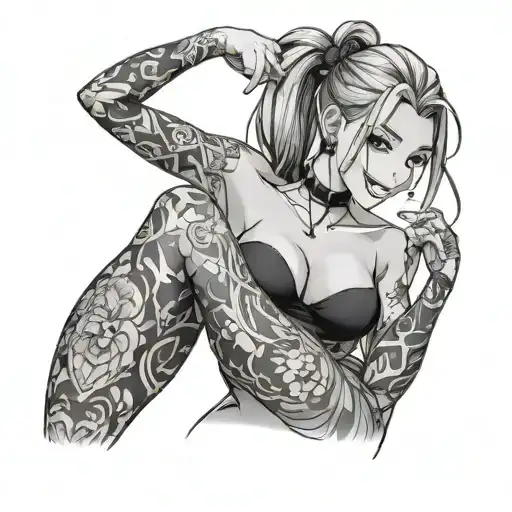 Anime girl in lingerie, stockings, hair pulled back in a ponytail, a grin on her face, a tattooed hand tattoo design idea