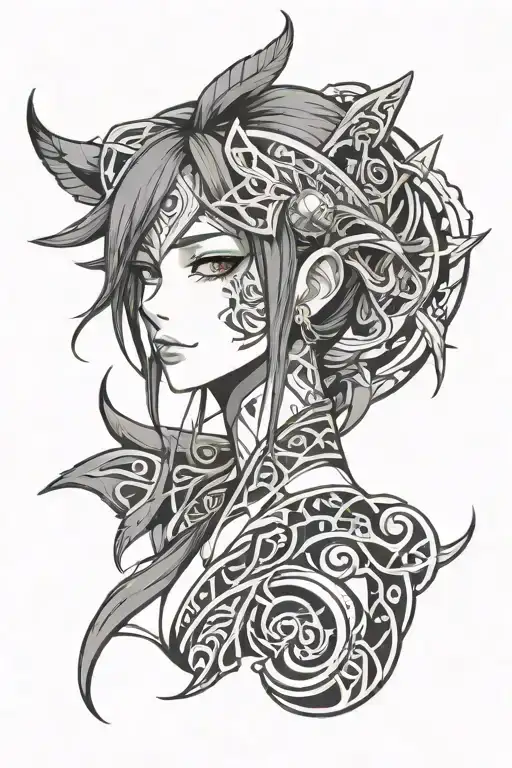Anime girl and neo tribal tattoo design idea