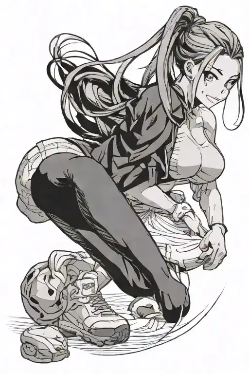 Anime girl, athletic figure, stockings, hair in a ponytail, a grin on her face tattoo design idea