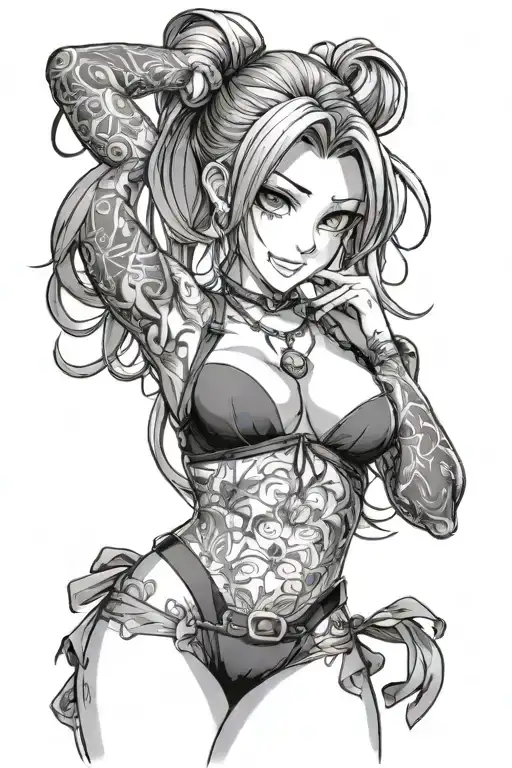 Anime girl in lingerie, stockings, hair pulled back in a ponytail, a grin on her face, a tattooed hand tattoo design idea