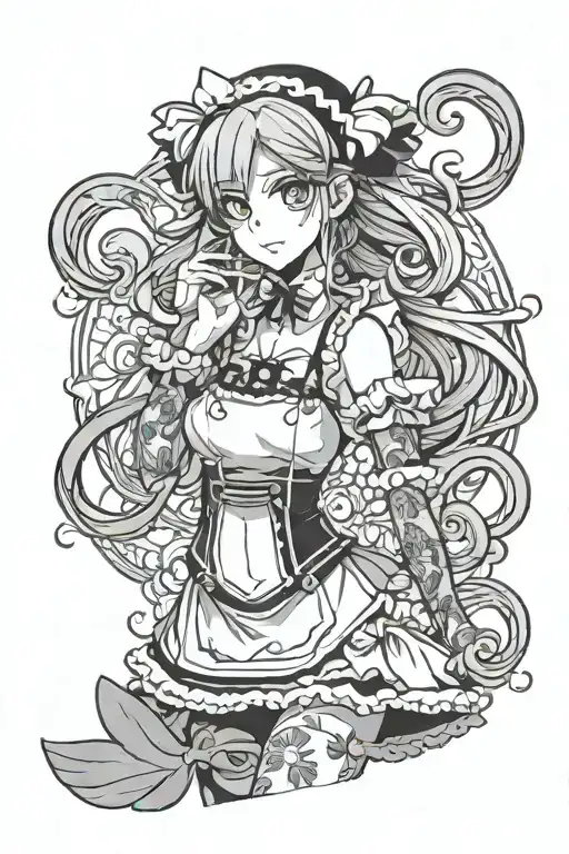 Anime girl in a maid costume with long hair and tattoos tattoo design idea