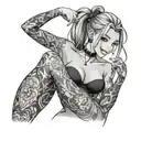 Anime girl in lingerie, stockings, hair pulled back in a ponytail, a grin on her face, a tattooed hand tattoo design idea