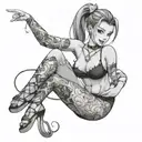 Anime girl in lingerie, stockings, hair pulled back in a ponytail, a grin on her face, a tattooed hand tattoo design idea