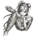 Anime girl in lingerie, stockings, hair pulled back in a ponytail, a grin on her face, a tattooed hand tattoo design idea