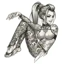 Anime girl in lingerie, stockings, hair pulled back in a ponytail, a grin on her face, a tattooed hand tattoo design idea