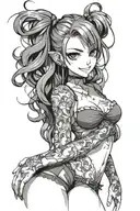 Anime girl in lingerie, stockings, hair pulled back in a ponytail, a grin on her face, a tattooed hand tattoo design idea