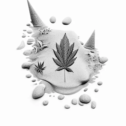 A serene beach scene with a cannabis leaf hidden in the sand tattoo design idea