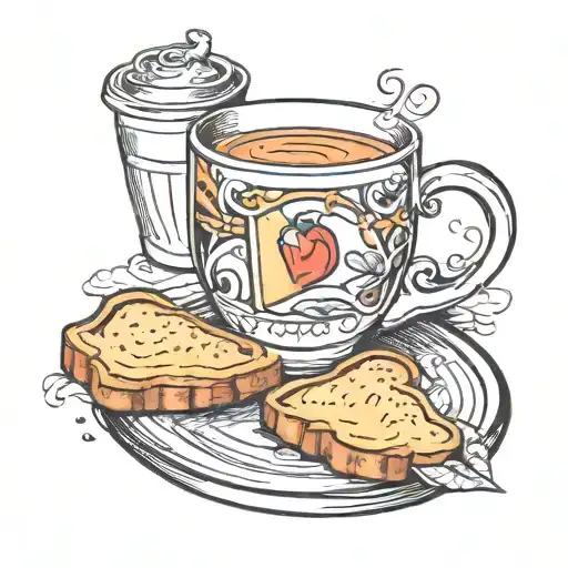 fine line cup of tea and piece of toast tattoo design idea