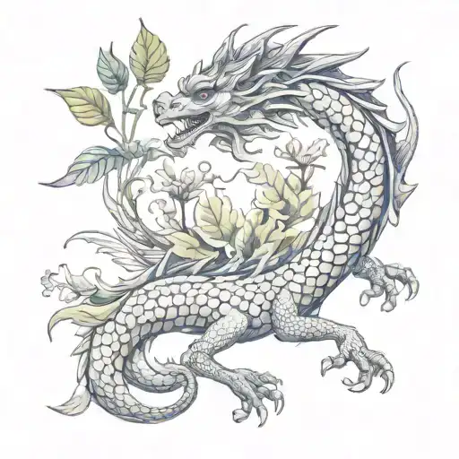 dragon, liberty, fortune, plants tattoo design idea