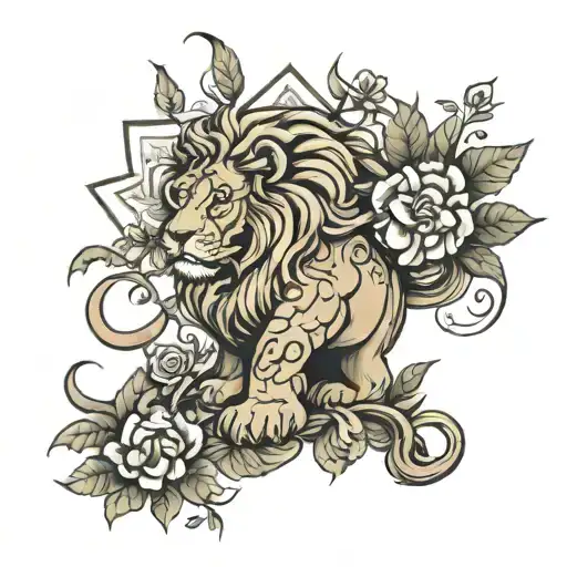 lion, liberty, fortune, plants tattoo design idea