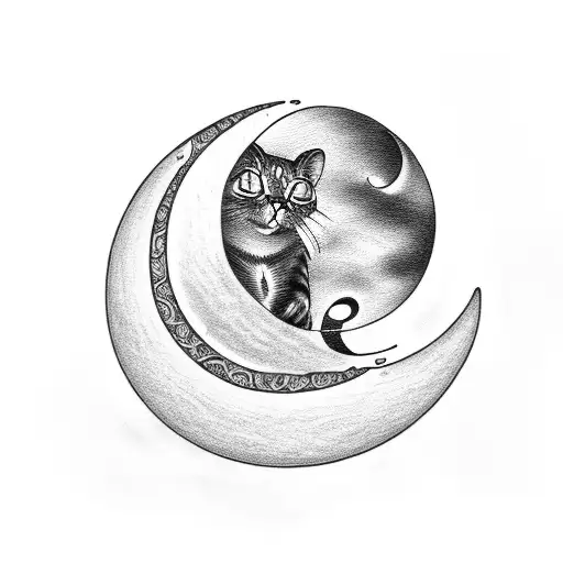 Crescent moon with cat sitting on the end tattoo design idea
