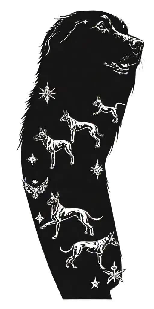 A tattoo design of your Belgian Malinois dogs, Ryder and Luci, in a dynamic pose surrounded by medical symbols, representing your love for your pets and your future career in nursing tattoo design idea