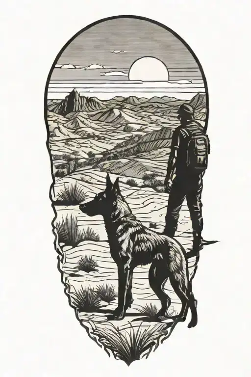 A detailed silhouette of a Belgian Malinois in  a desert environment with his owner in the background watching him tattoo design idea