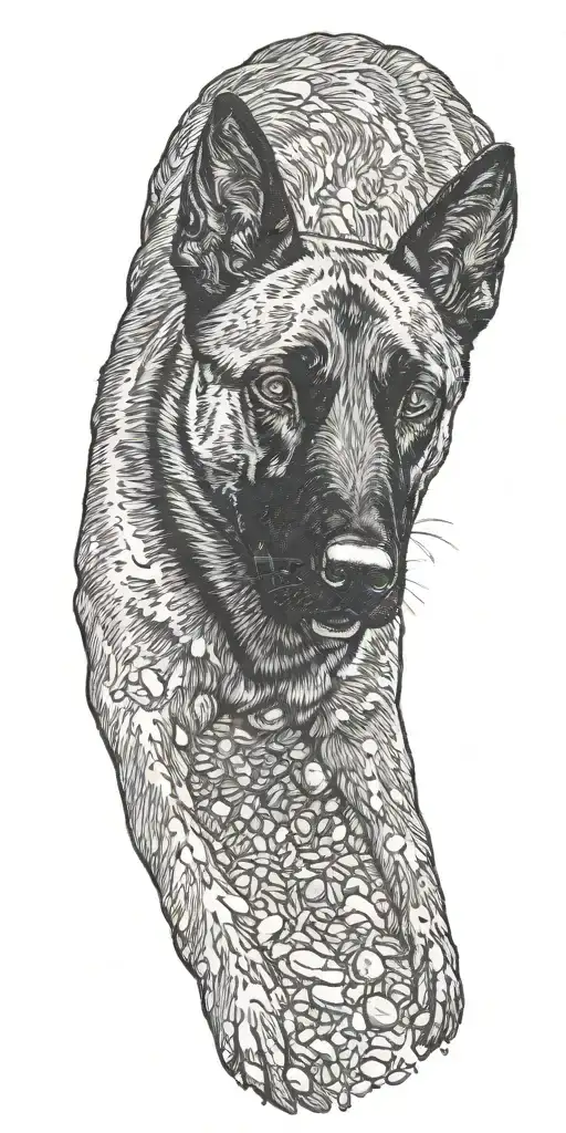 A foreground image of a belgian malinois with a pebble dropping tattoo design idea
