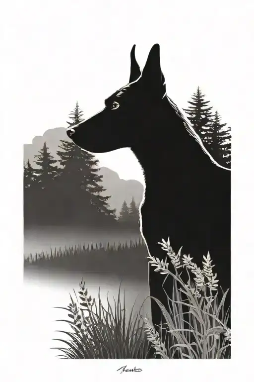 tattoo of a belgian malinois silhouette in a landscape tattoo design idea