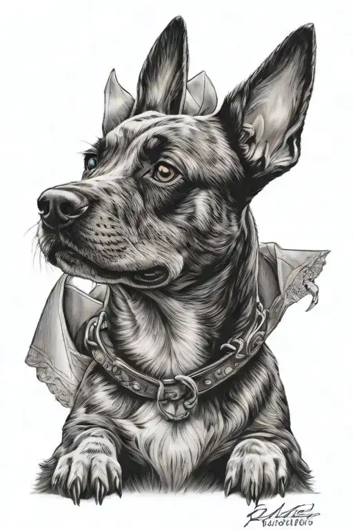 A detailed portrait of your first dog, Ryder, with a subtle background of a house and wedding rings, representing the milestones of your adult life tattoo design idea