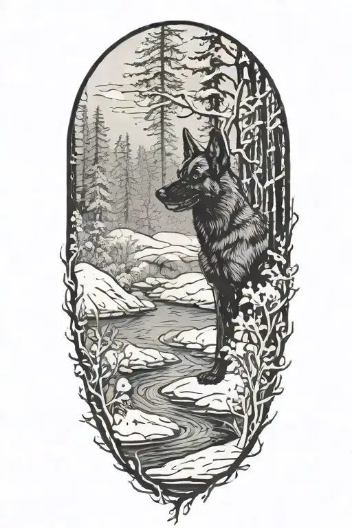 A small Belgian Malinois silhouette blending into a forest landscape with snow falling around it and river running   tattoo design idea
