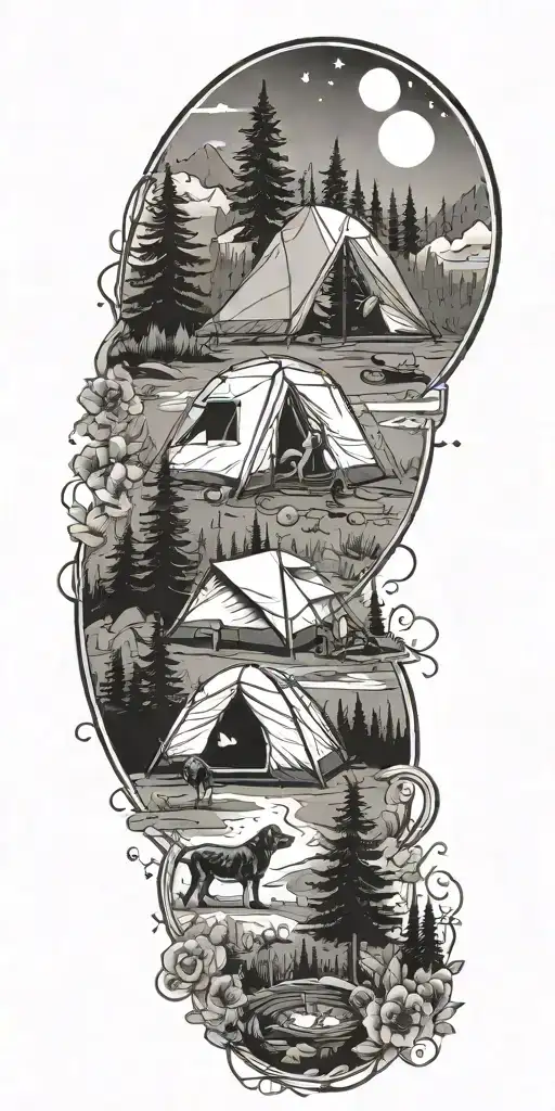 A tattoo design of a camping scene with a tent, campfire, and your wife and dogs, all surrounded by intricate floral patterns and hunting motifs, capturing your love for outdoor adventures with your loved ones tattoo design idea