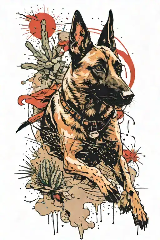 A tattoo of a Belgian Malinois running through a desert landscape with cacti and streams tattoo design idea