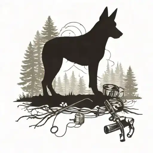 A detailed silhouette of a Belgian Malinois in a forest setting, surrounded by camping gear and a hunting rifle tattoo design idea