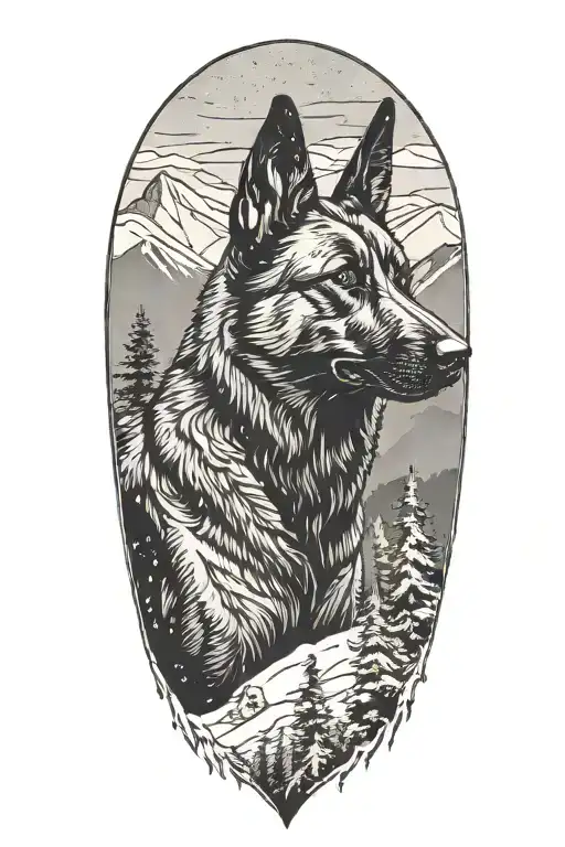 A Belgian Malinois silhouette blending into a mountain landscape with snow falling around it tattoo design idea
