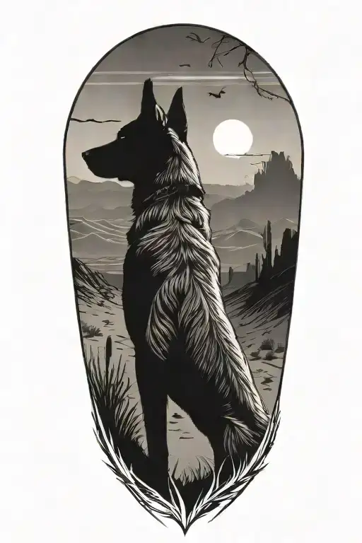 A detailed silhouette of a Belgian Malinois in  a desert environment with his human in the background watching him tattoo design idea