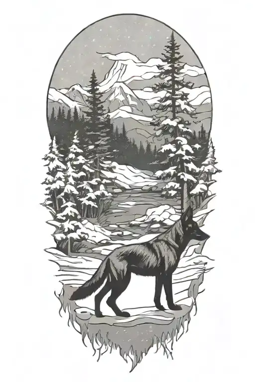A small Belgian Malinois silhouette blending into a forest landscape with snow falling around it and river running   tattoo design idea