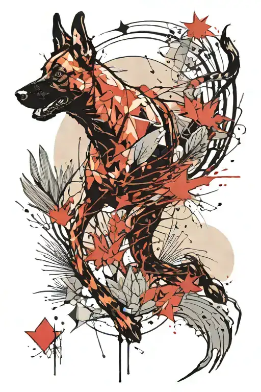 A tattoo of a Belgian Malinois running through a desert landscape with cacti and streams tattoo design idea