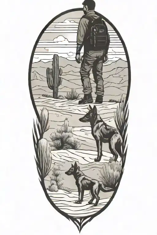A detailed silhouette of a Belgian Malinois in  a desert environment with his owner in the background watching him tattoo design idea