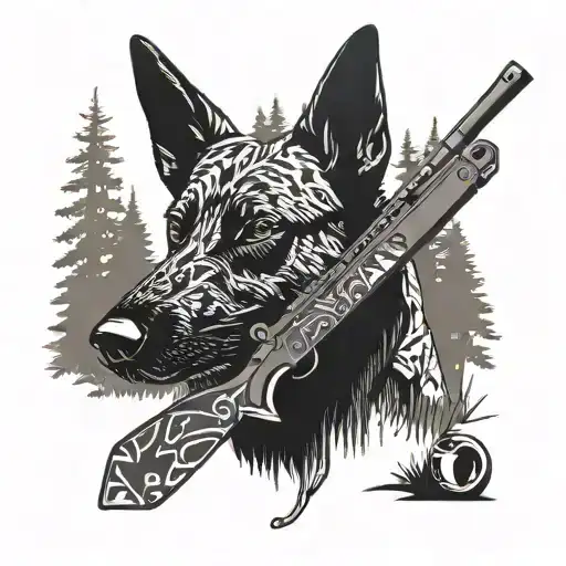 A detailed silhouette of a Belgian Malinois in a forest setting, surrounded by camping gear and a hunting rifle tattoo design idea