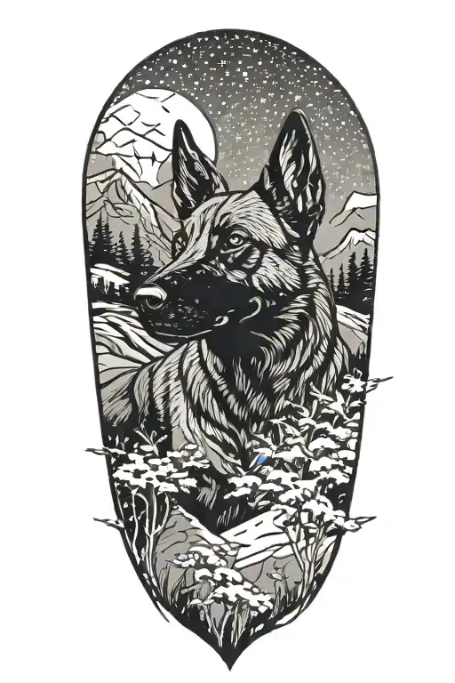 A Belgian Malinois silhouette blending into a mountain landscape with snow falling around it tattoo design idea