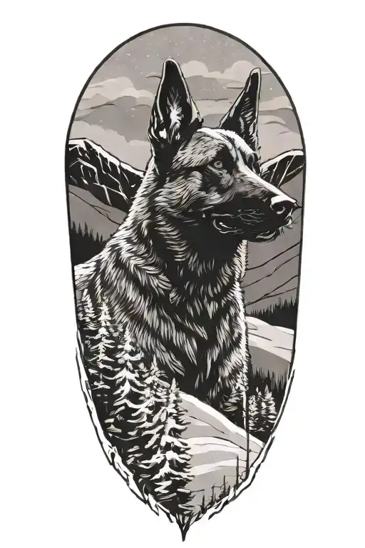 A Belgian Malinois silhouette blending into a mountain landscape with snow falling around it tattoo design idea
