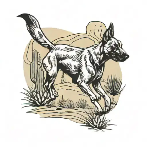 A tattoo of a Belgian Malinois running through a desert landscape with cacti and streams tattoo design idea