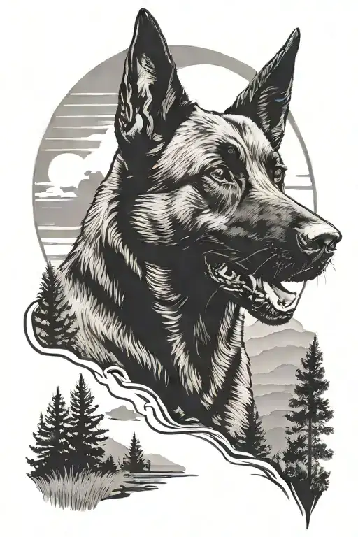 tattoo of a belgian malinois silhouette in a landscape tattoo design idea