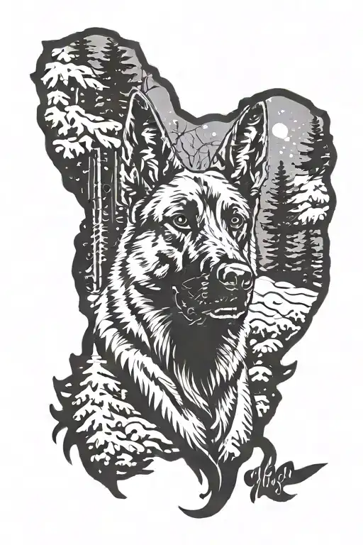 A Belgian Malinois silhouette surrounded by a forest scene with snow falling, symbolizing the client's love for their favorite dog breed and nature tattoo design idea