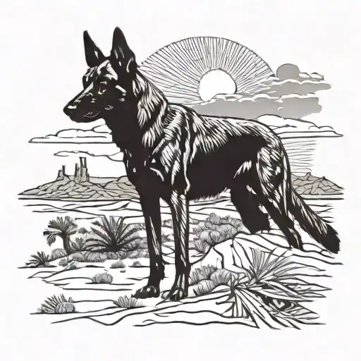 A detailed silhouette of a Belgian Malinois in desert setting with his owner in the backgroudn watching him tattoo design idea