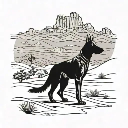 A detailed silhouette of a Belgian Malinois in desert setting with his owner in the backgroudn watching him tattoo design idea