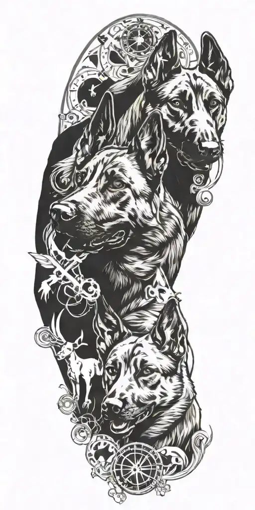 A tattoo design of your Belgian Malinois dogs, Ryder and Luci, in a dynamic pose surrounded by medical symbols, representing your love for your pets and your future career in nursing tattoo design idea