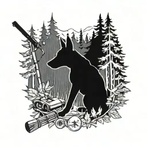 A detailed silhouette of a Belgian Malinois in a forest setting, surrounded by camping gear and a hunting rifle tattoo design idea
