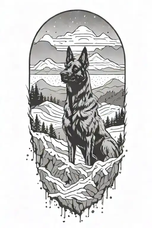 A Belgian Malinois silhouette blending into a mountain landscape with snow falling around it tattoo design idea