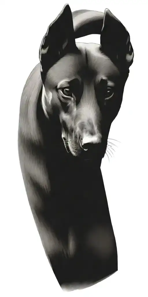 A foreground image of a belgian malinois with a pebble dropping tattoo design idea