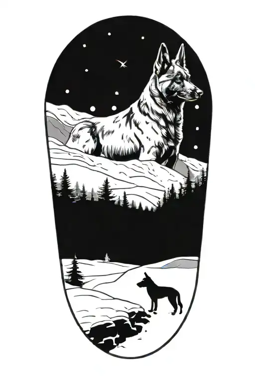 A Belgian Malinois silhouette blending into a mountain landscape with snow falling around it tattoo design idea