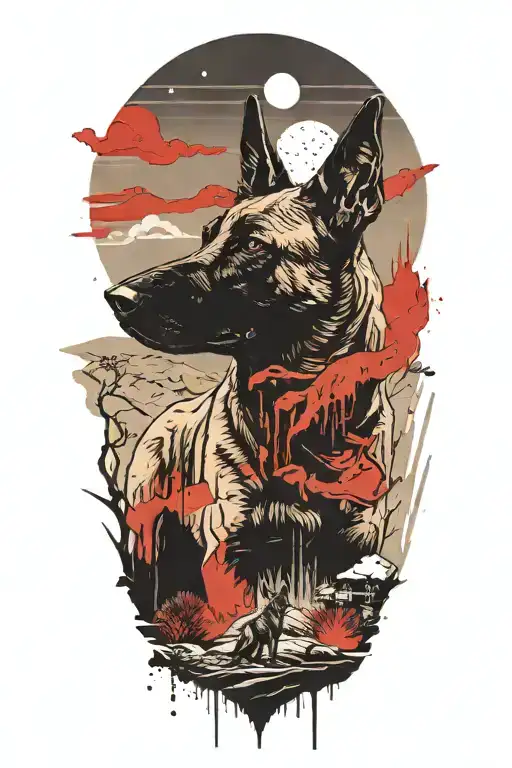 A detailed silhouette of a Belgian Malinois in  a desert environment with his owner in the background watching   tattoo design idea