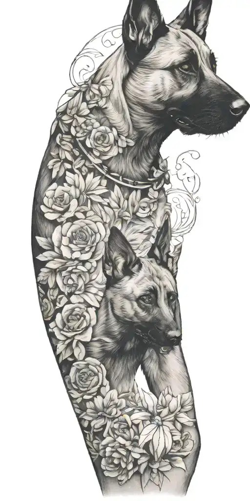 sleeve with nursing symbology and a small belgian malinois walking away  tattoo design idea