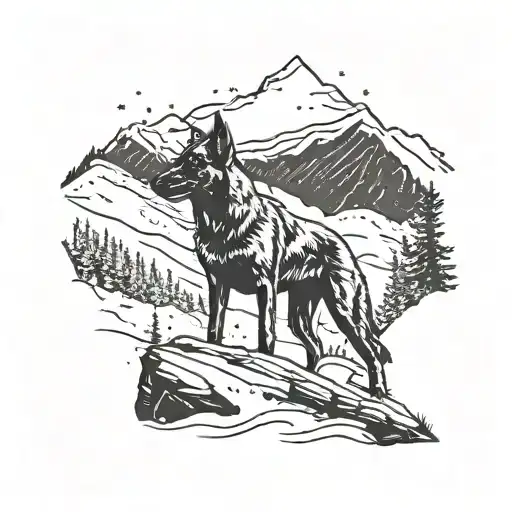 A Belgian Malinois silhouette blending into a mountain landscape with snow falling around it tattoo design idea