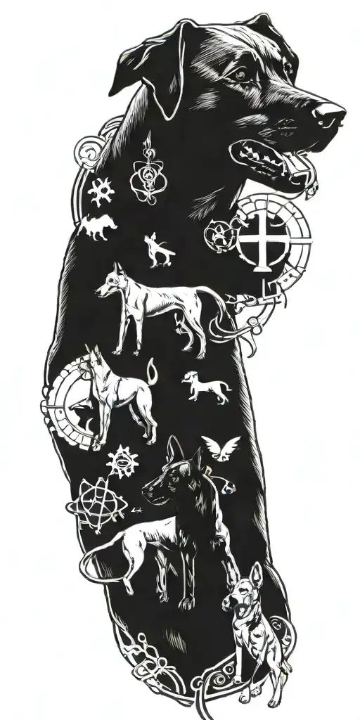 A tattoo design of your Belgian Malinois dogs, Ryder and Luci, in a dynamic pose surrounded by medical symbols, representing your love for your pets and your future career in nursing tattoo design idea