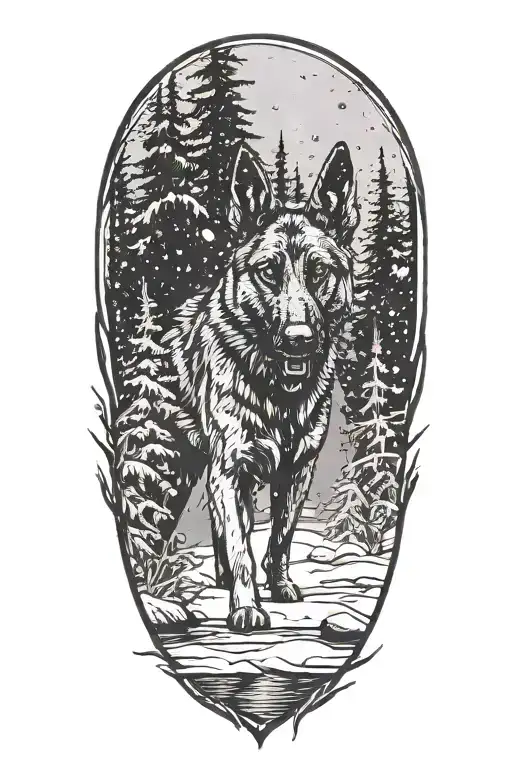 A small Belgian Malinois silhouette blending into a forest landscape with snow falling around it and river running   tattoo design idea